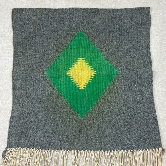 Vintage Mexican Handwoven Wall Hanging 18 x 19 in‎ Tapestry Rug Geometric Fringe - Picture 5 of 7